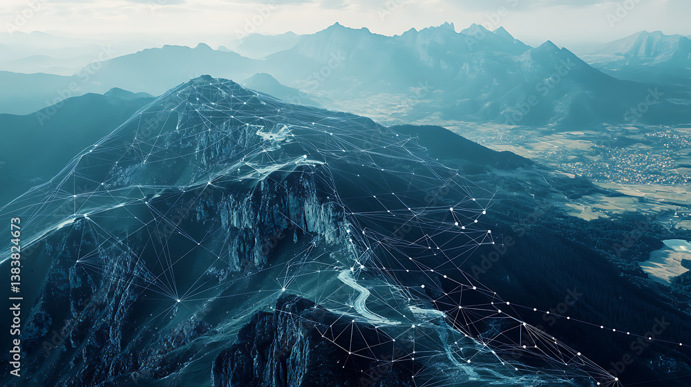 Poster From above view intricate mountain landscape background in geometrical shapes and wireframe conections