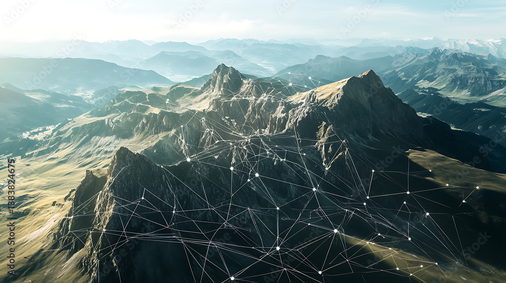 Aufkleber From above view intricate mountain landscape background in geometrical shapes and wireframe conections