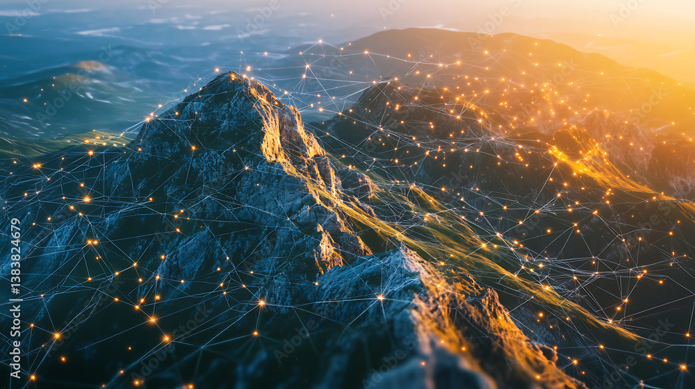 Aufkleber From above view intricate mountain landscape background in geometrical shapes and wireframe conections