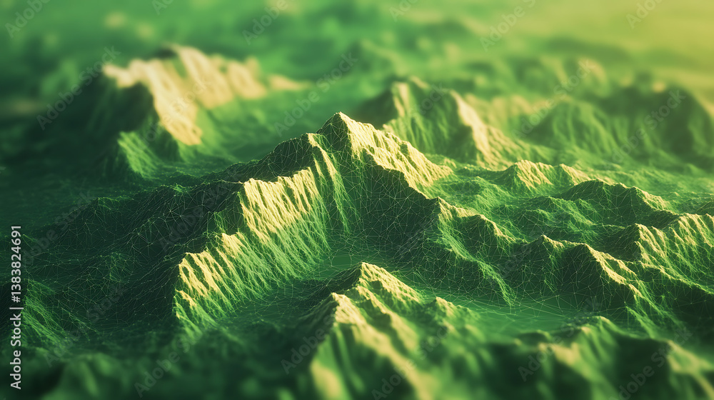 Poster from above view low poly digital mountain range, connection and communication concept