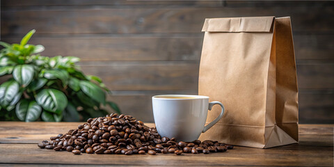 A cup of hot coffee sits beside a mound of roasted coffee beans and a brown paper bag. The warm, inviting atmosphere is enhanced by a lush green plant nearby