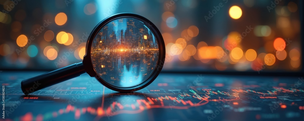 Poster magnifying glass on market trading chart with bokeh lights. business control concept, finance data a