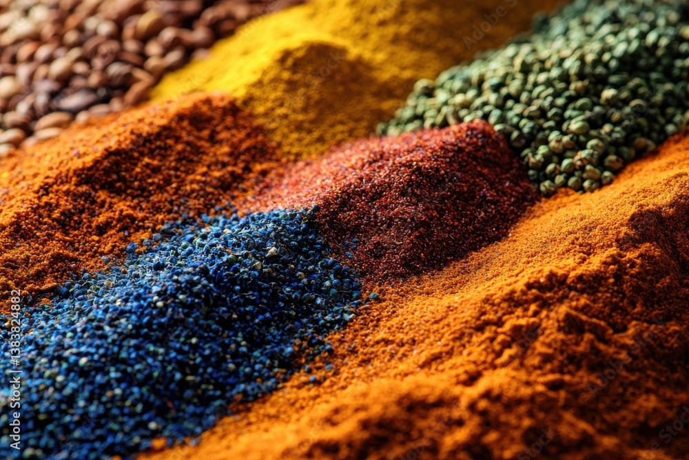 Poster a vibrant display of various spices, showing the rich colors and textures, creating an abstract and 
