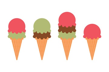 Set of ice cream scoops and waffle cones. Ice cream icons set. Ice cream in a waffle cone of different flavors. Isolated vector illustration in a flat style.
