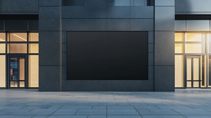 Front view of blank black sign on business center wall background at daytime, mockup