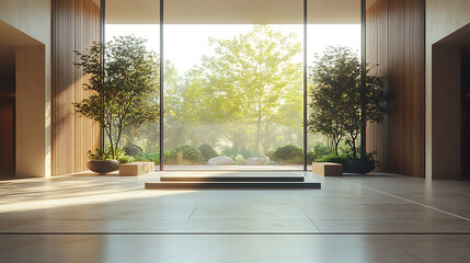 Fototapeta premium Front view on bright empty room interior with panoramic window