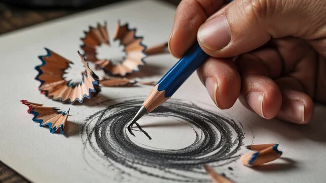 Focused hand drawing a graphite scribble with a blue pencil against white paper with shavings