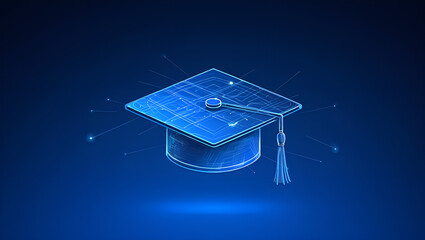 Abstract image graduation cap on dark blue gradient background. Academic cap, tech network. Educational concept for website design, digital artwork, school celebration, university concept.