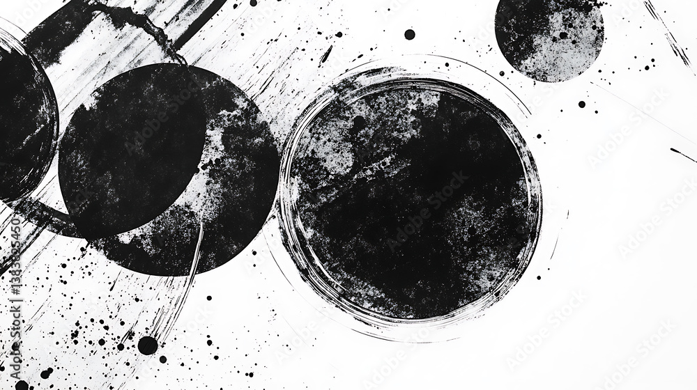 Poster abstract black ink splashes and circles on a white background with brush strokes