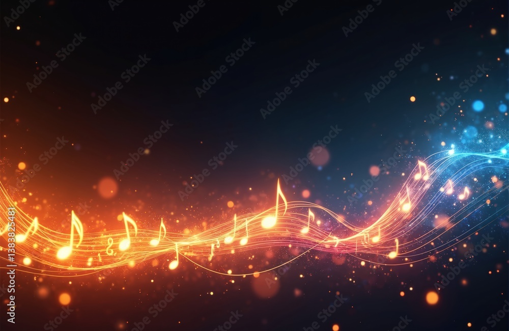 Poster abstract illustration of music with glowing lights, musical notes, wave. dynamic background with bri