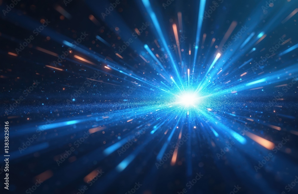 Poster futuristic digital art shows blue glowing explosion with rays of light on dark background. abstract 