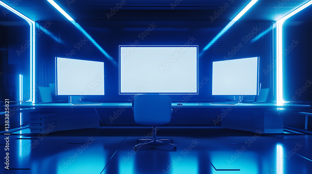 Leinwandbilder Abstract blue workplace with three empty white mock up computer displays, office concept, 3d rendering