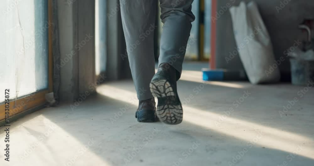 Poster construction, worker and legs of person walking for project, development and evaluation of progress.