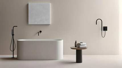 Modern Minimalist Bathroom With White Tub And Black Fixtures