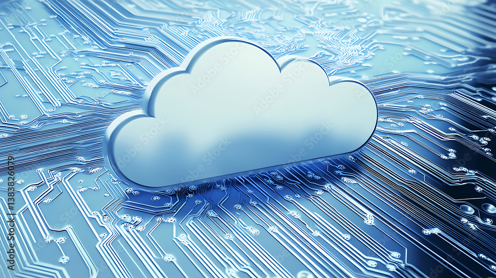 Poster Abstract cloud symbol linked to microchip board, illustrating the cloud computing concept and the connection between modern data storage, processing, and advanced hardware technologies