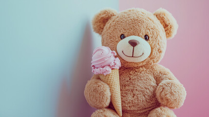 Obraz premium Teddy bear smiling with pink ice cream on pastel background