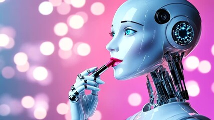 A humanoid robot applying lipstick, symbolizing the fusion of beauty and technology. This image reflects the future of cosmetics where AI and robotics play a key role in personal c