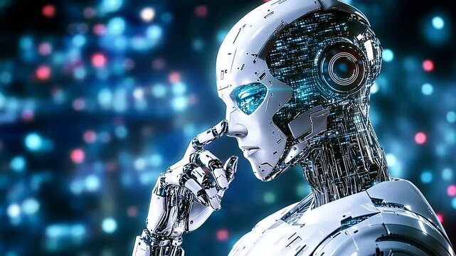 A highly detailed cybernetic humanoid with a futuristic, mechanical design and glowing neural interfaces stares into the distance. The fusion of AI and robotics is pushing the boun