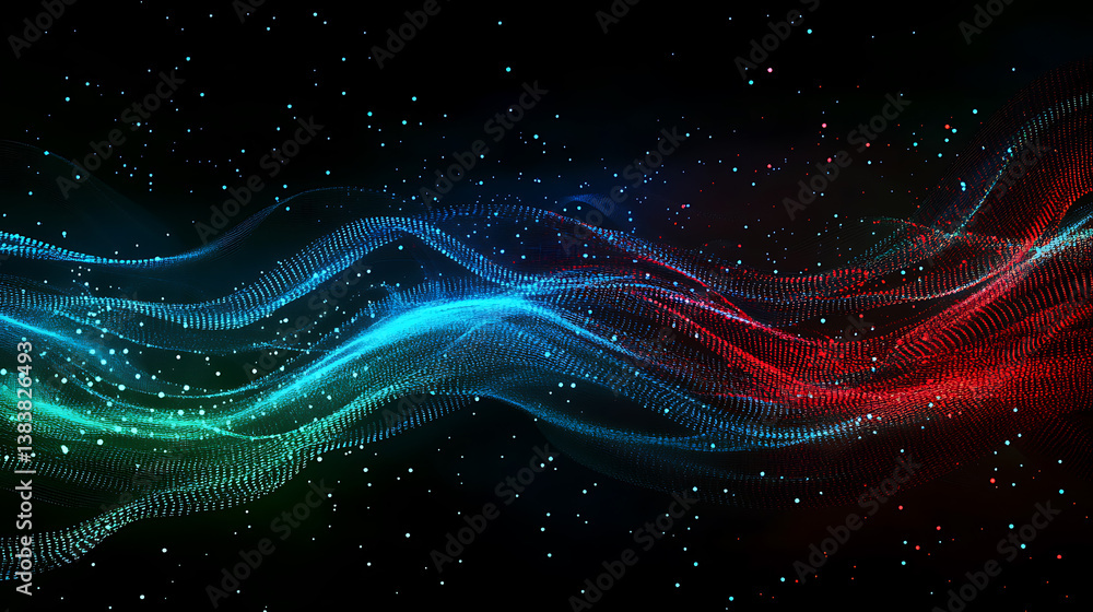 Aufkleber Abstract digital data flows with binary code and lines in blue, red and green colors on a dark background data flows from left to right creating an atmosphere of technological innovation