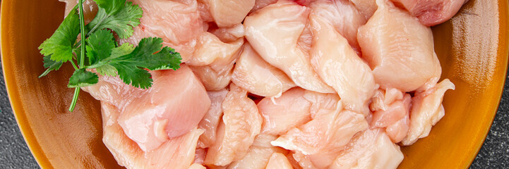 Chicken meat raw pieces meat poultry fresh gourmet food background on table rustic food top view copy space