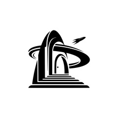 Futuristic Gateway with Rocket: Minimalist Black and White Logo