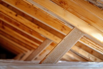Wooden roof framework supporting insulation material in construction site Generative AI