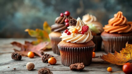 Autumn themed cupcakes with frosting and berries on a rustic wooden surface with fall leaves
