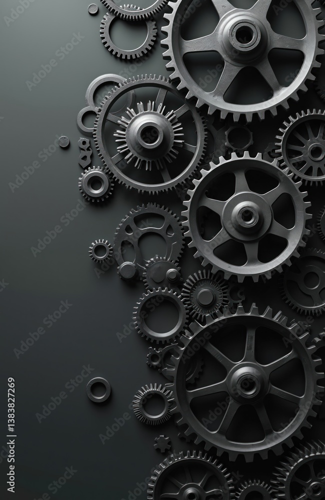 Poster minimalist composition of gears on dark gray background. detailed metal wheels. modern industrial te