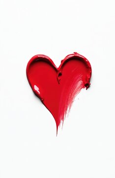Bright red lipstick or acrylic paint smear in heart shape. Cream makeup texture, cosmetic product brush stroke swipe sample. White background. Beauty, love, fashion concept.