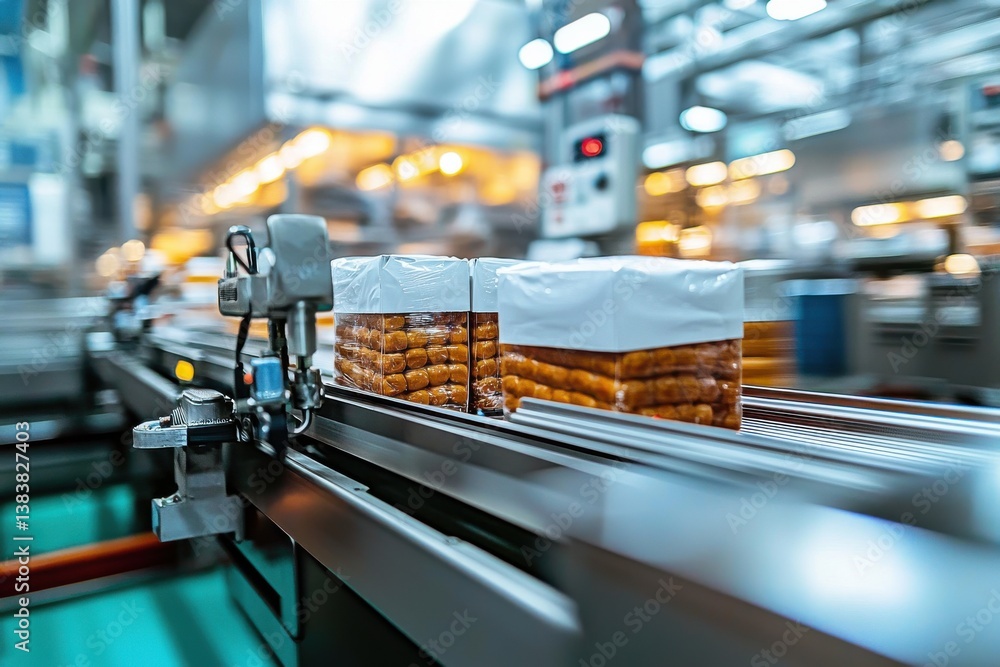 Poster close-up of packaged buns moving on a conveyor belt in a food factory, showing the automated product
