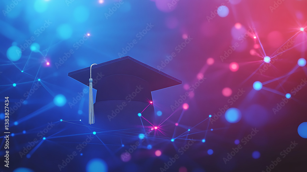 Leinwandbilder Abstract low poly style, modern digital technology background with graduation cap and network connection dots on a blue color