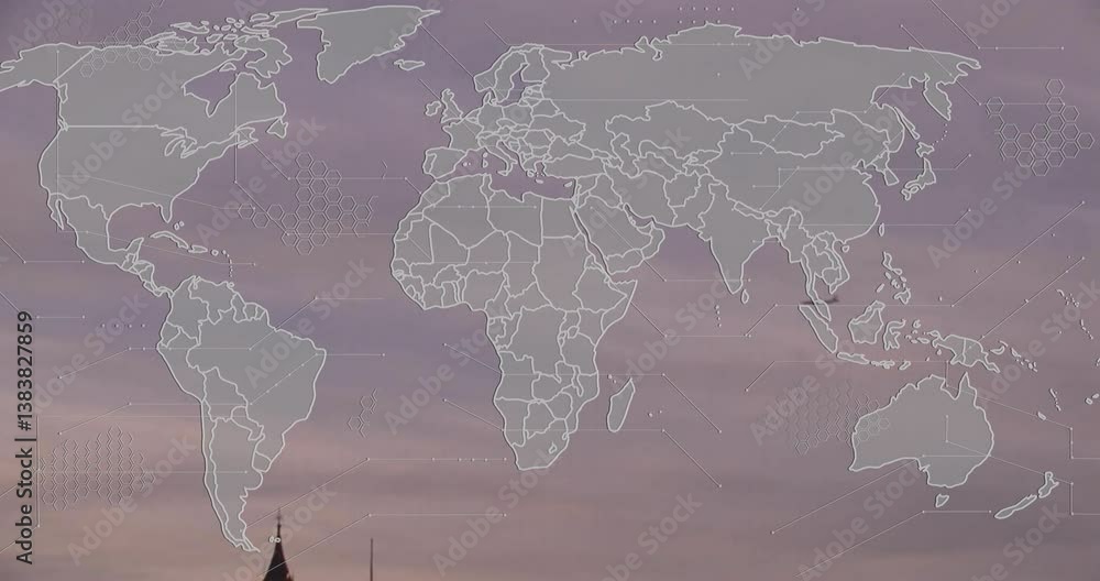 Poster animation of world map overlay with hexagonal patterns on building silhouette at sunset