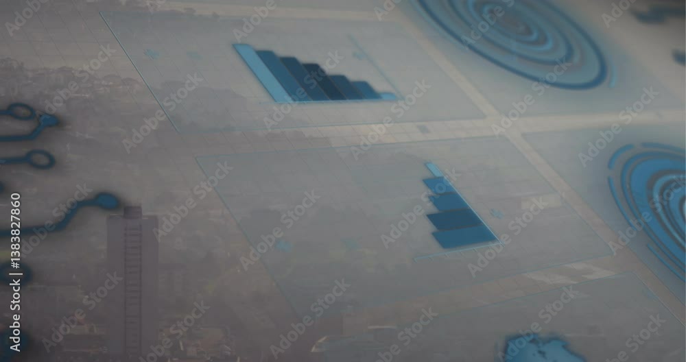 Poster overlaying urban landscape, animation of bar graphs and circular charts in view
