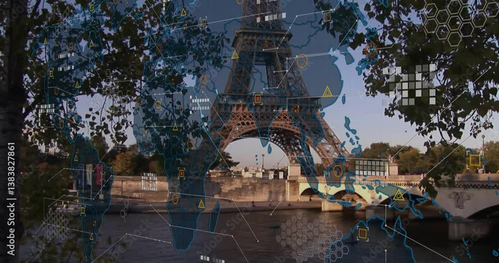 Poster animation of digital world map overlay on eiffel tower with data processing