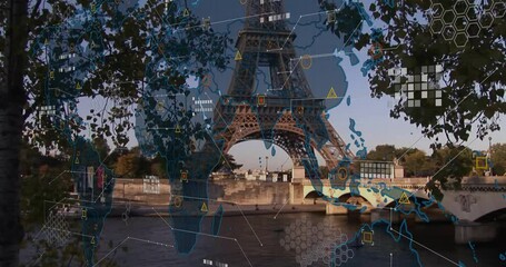 Animation of digital world map overlay on Eiffel Tower with data processing - Powered by Adobe