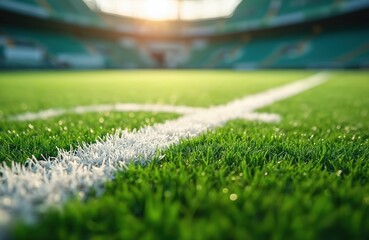 Naklejka premium Green artificial football field turf with white boundary lines. Morning sunlight illuminates rich grass, creating vibrant colors. Athletic sport competition, goal post, game. Perfect for sports news,