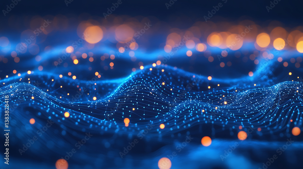Poster Abstract structure of circuit board with glowing neon blue lines and dots, computer technology and business concept background