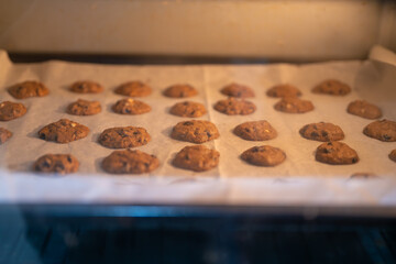A baking sheet lined with parchment paper holds rows of golden-brown cookies inside an oven. 