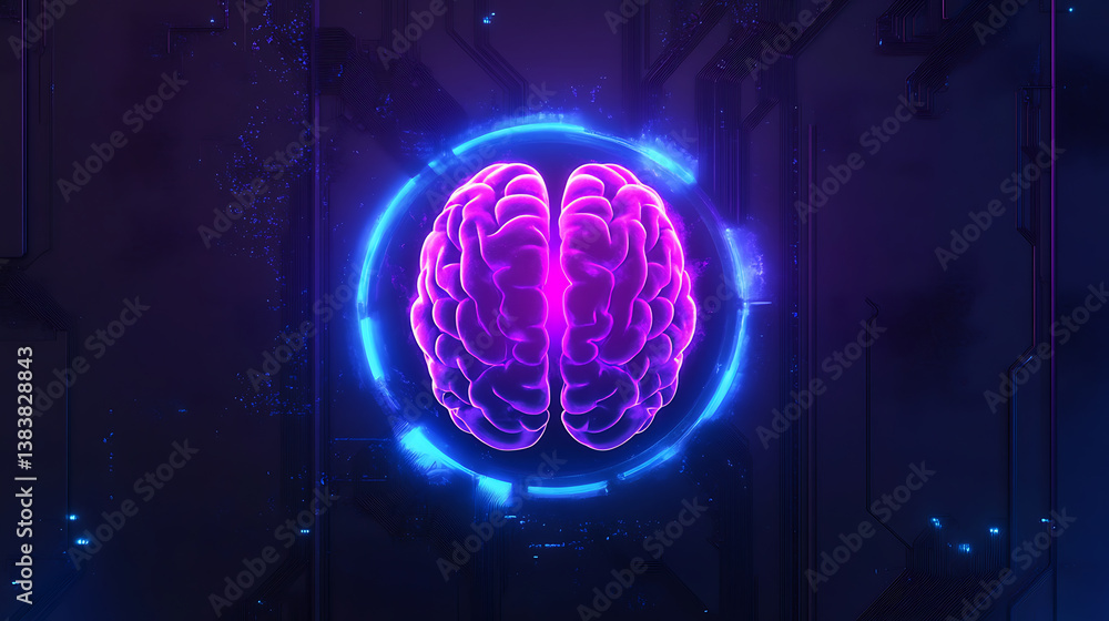 Poster abstract violet brains in blue power button, abstract neon frame style