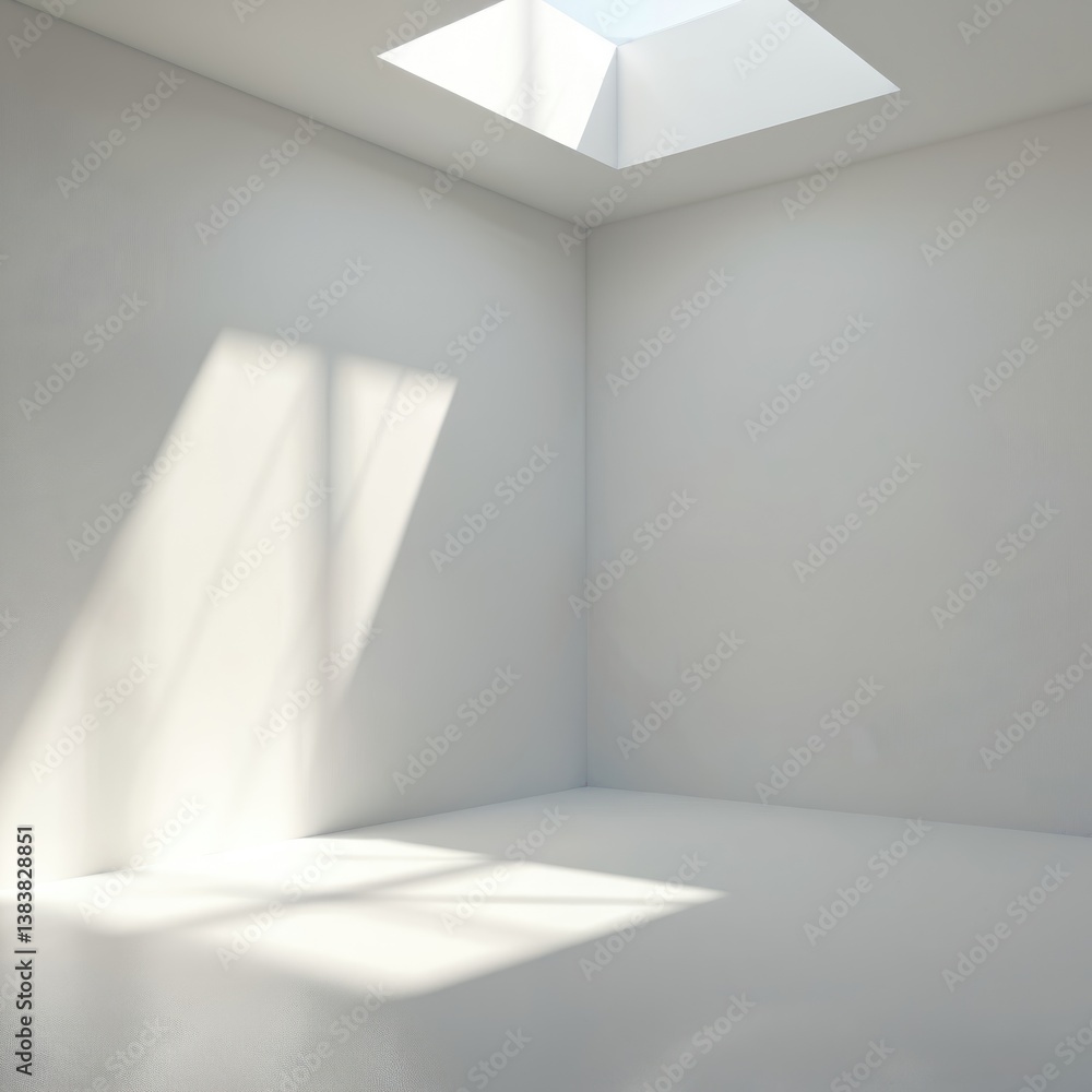 Poster minimalist 3d render of white room with geometric design. natural sunlight creates contrast of light