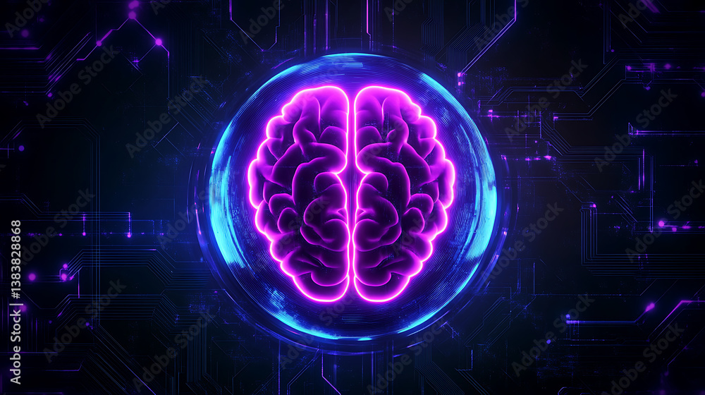 Poster abstract violet brains in blue power button, abstract neon frame style