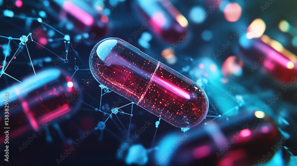 Aufkleber Ai-driven drug discovery visualized with digital networks and capsules
