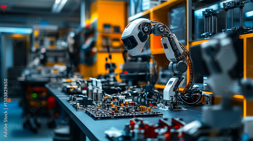 Poster Ai-driven robotics lab displaying a variety of robot parts and advanced electronics, emphasizing the cutting-edge innovations and developments in artificial intelligence and engineering