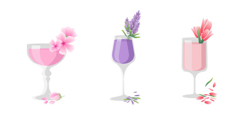 Vector illustration of three spring or summer decorative drinks adorned with flowers. Each glass contains a different floral arrangement, showcasing pink, purple, and red against a white background