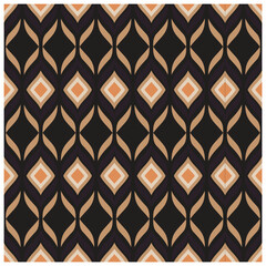 A geometric pattern featuring alternating diamond shapes in warm tones of peach and beige against a black background, interspersed with flowing leaf-like designs.