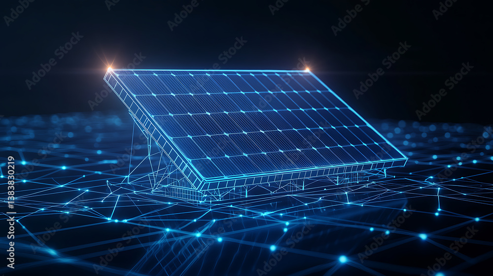 Wall mural an abstract blue solar battery, solar panel, and renewable energy concept, a low poly style design w