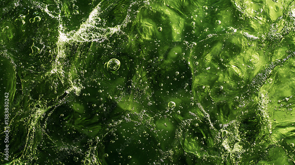 Poster an abstract blurred transparent green colored clear calm water surface texture with splashing, bubbl