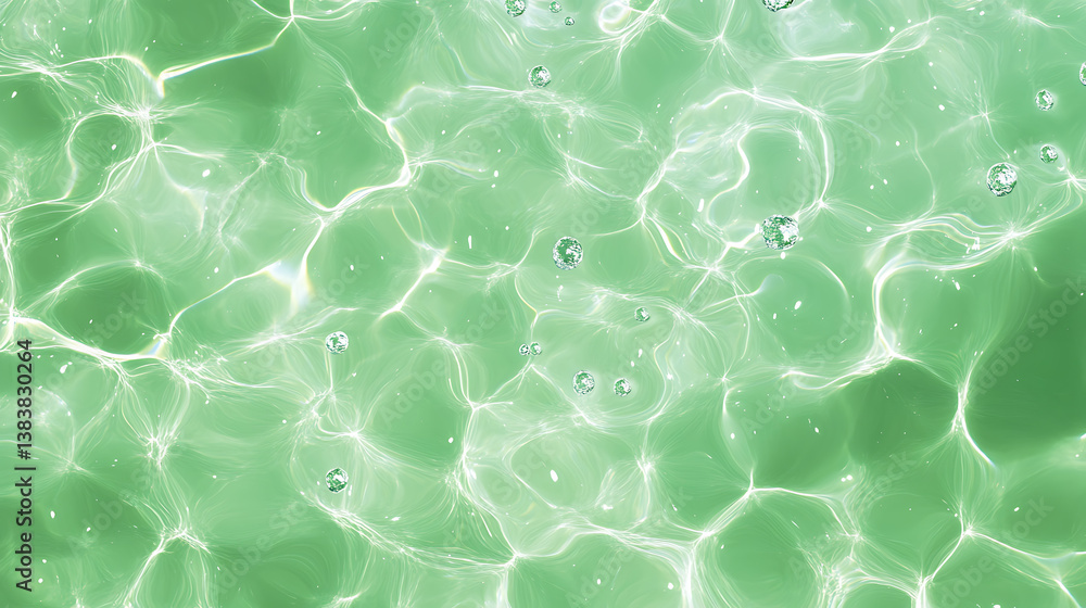 Poster an abstract blurred transparent green colored clear calm water surface texture with splashing, bubbl