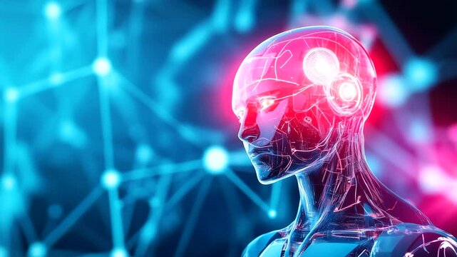 humanoid robot with red eyes is portrayed in a cyberpunk landscape, where neon lights and futuristic architecture create an immersive, high-tech world. The design of the robo t AI
