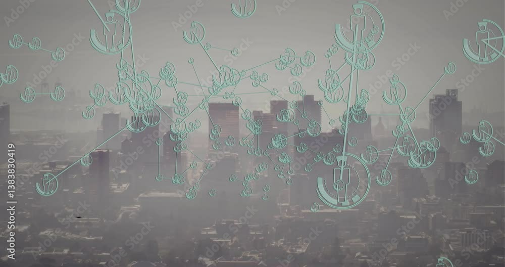 Aufkleber network of connections and data processing animation over city skyline
